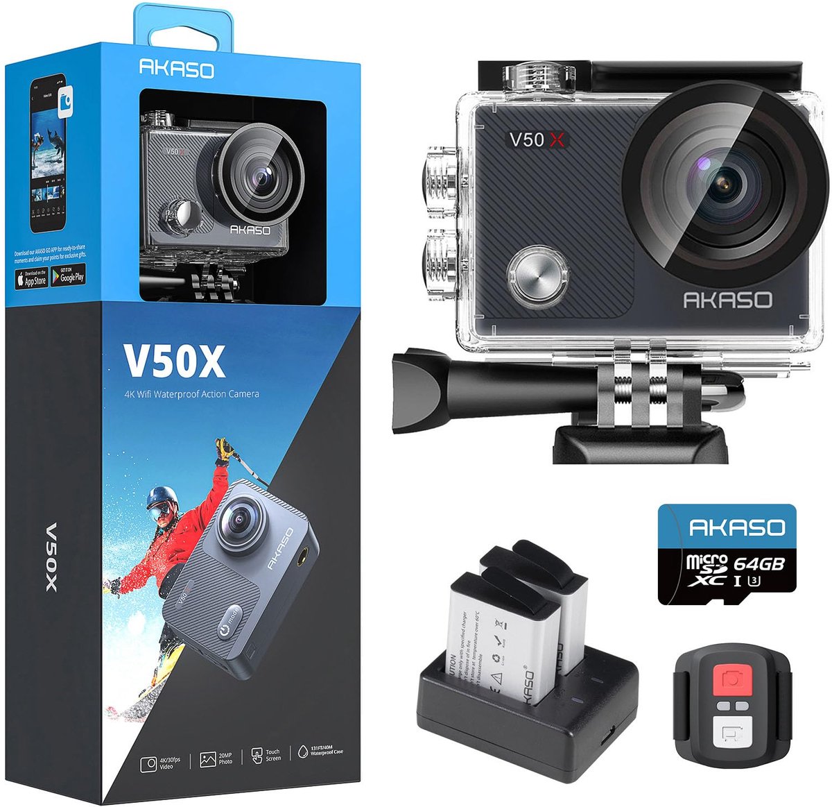 AKASO V50X Action Camera 4K – Touchscreen – 40m Waterdicht – 4× Zoom – Afstandsbediening – Inclusief Waterdichte Behuizing & Helm Accessoires – Onderwatercamera met 64GB SD-Kaart