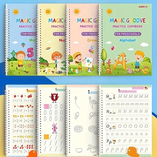 WoodyDoody Toverschrift - Magic Leerboek Copybook Ik Leer Cijfers Tekens Schrijven - Kinderboeken Magische Herbruikbare 3D Overtrek Boek - Overtrekken Oefenschrift 4 Delig SET Schrijven Rekenen en Tekenen met Magic Ink - Zelf Uitwisbaar na 30 Minuten