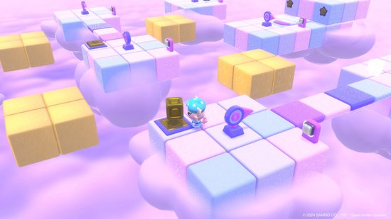 Een personage met een blauw met wit gestipt hoofd en blauw haar, staand op roze, witte en blauwe blokken in de wolken.