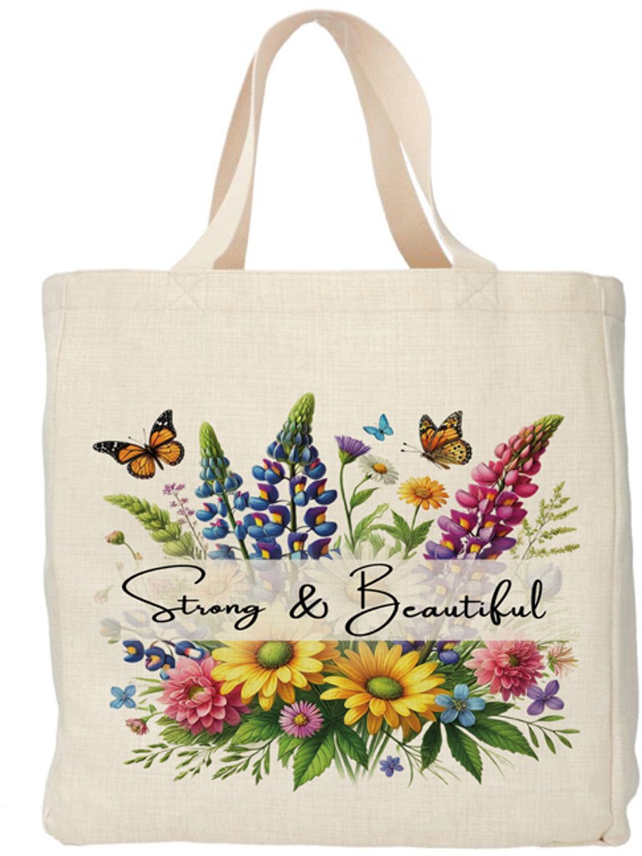 Shopper - Totebag - Boodschappentas | Bloemen - Strong & Beautiful | Duurzaam - Linnenlook - 48x38cm