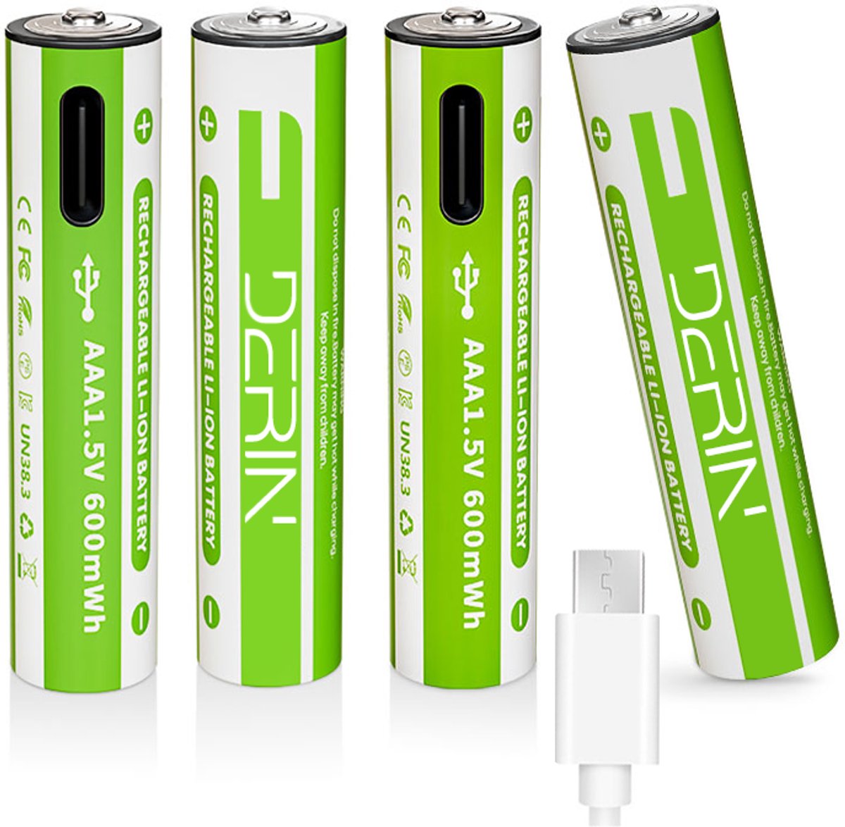 Derin USB-C Oplaadbare AAA Batterijen – 4 Stuks – Opladen met Kabel – 1.5V Li-ion – Duurzaam & Herbruikbaar