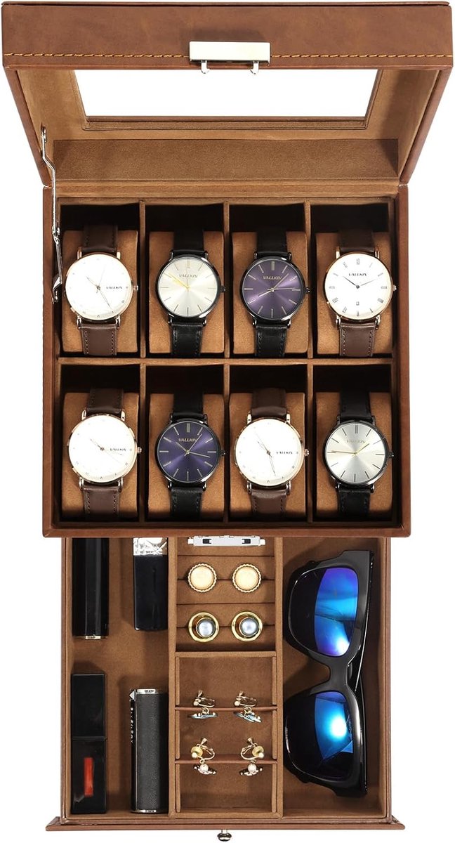 Uten Luxe Sieraden Brillen Doos - Zonnebrillen Opbergdoos - Horlogebox - Sieradendoos - 2 Brillen - 8 Horloges - Brillen-Ketting-Ring-Oorbellen- Horloge - Mannen Heren - Bruin