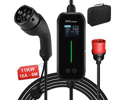 JUNSUN Draagbare 11kW 16A 3-Fase EV Laadkabel - Type 2 Laadpaal met App/WiFi Bediening, 6M Kabel + LCD Scherm & Opbergtas - 6A/8A/10A/13A/16A Schakelbaar - IEC62196-2 & IP65 Zwart