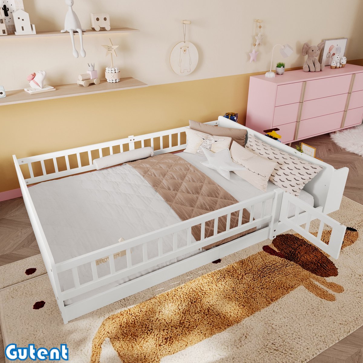 Gutent Houten kinderbed-140 x 200 cm-Pine-Open opbergkast-Hoogteplanken-Geen matras-Wit