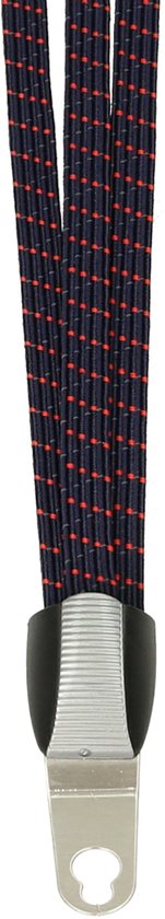 Detail van de onderkant van een donkerblauwe snelbinder met rode stippen, met zwarte kunststof en zilverkleurig metalen haakje.