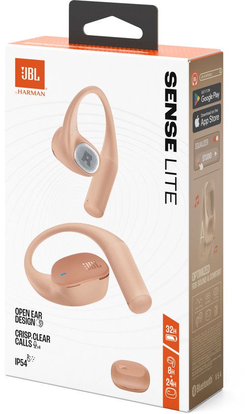 Verpakking van JBL Sense Lite beige oordopjes met afbeeldingen.