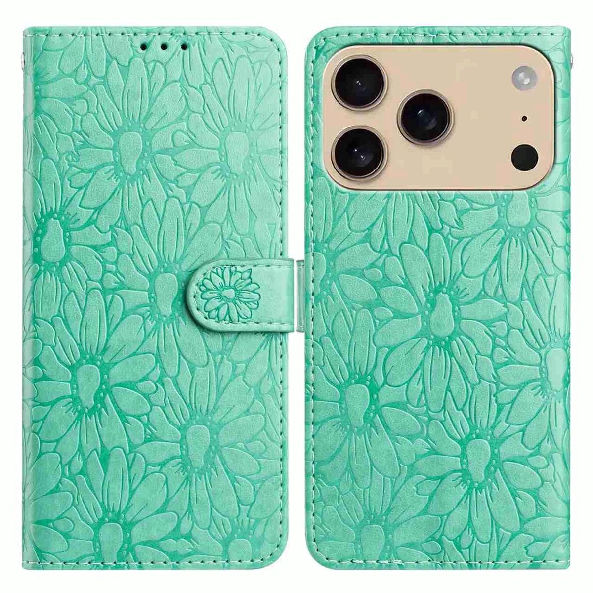 Mobigear Telefoonhoesje geschikt voor Apple iPhone 17 Pro Hoesje | Mobigear Flowers Bookcase Portemonnee | Pasjeshouder voor 3 Pasjes | Telefoonhoesje voor Pinpas / OV Kaart / Rijbewijs - Groen
