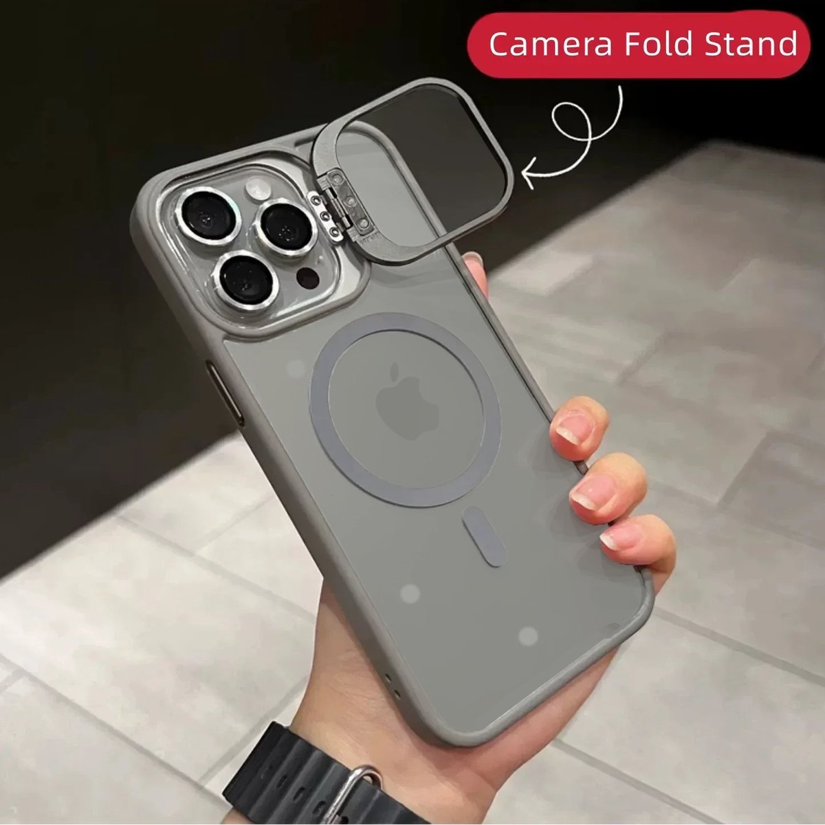 iPhone 14 Magsafe Camera Glass Door Shield Silicone Case / MagSafe Hoes met Camera Bescherming, Kickstand & Glazen Deur Zilver