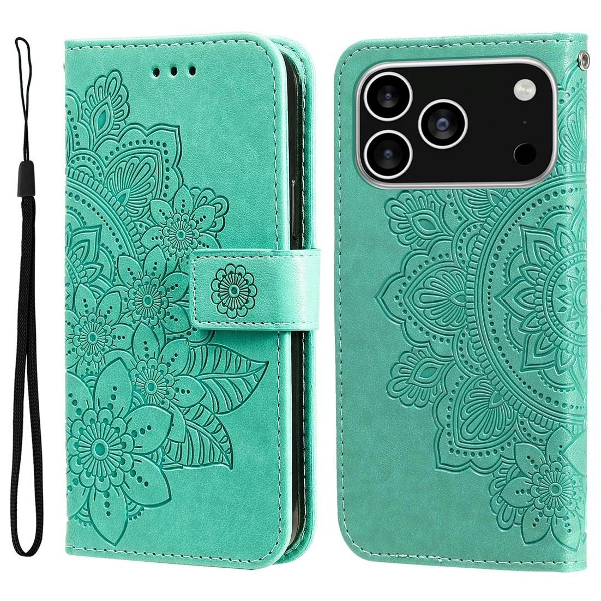 Mobigear Telefoonhoesje geschikt voor Apple iPhone 17 Pro Hoesje | Mobigear Flowers Bookcase Portemonnee | Pasjeshouder voor 3 Pasjes | Telefoonhoesje voor Pinpas / OV Kaart / Rijbewijs - Groen