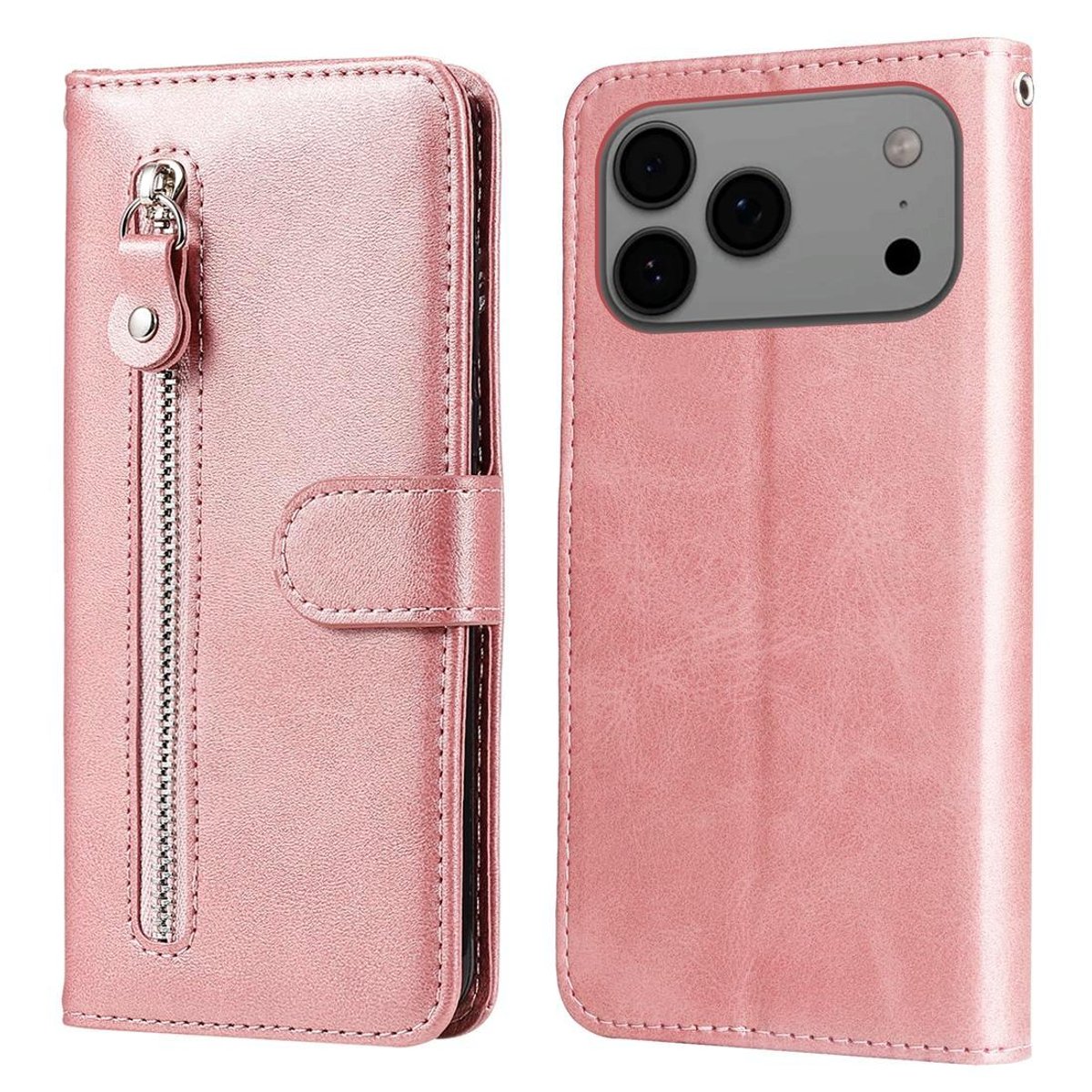 Mobigear Telefoonhoesje geschikt voor Apple iPhone 17 Pro Max Hoesje | Mobigear Zipper Bookcase Portemonnee | Pasjeshouder voor 3 Pasjes | Telefoonhoesje voor Pinpas / OV Kaart / Rijbewijs - Roségoud