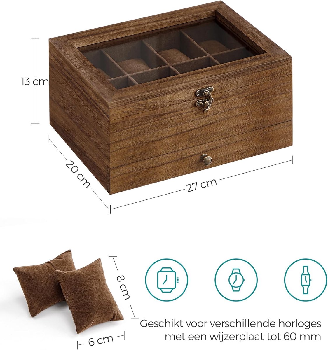 NAEBRO Horlogedoos voor 6 horloges, opbergdoos voor 6 horloges, horlogedoos met glazen venster en fluwelen horlogekussens, horlogedoos voor heren en dames