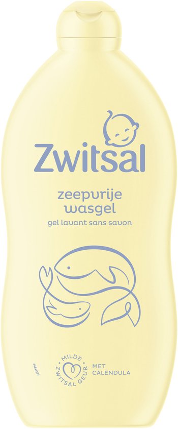 Lichtgele fles met blauwe tekst en een afbeelding van twee vissen. Met logo 'milde Zwitsal geur met Calendula'.