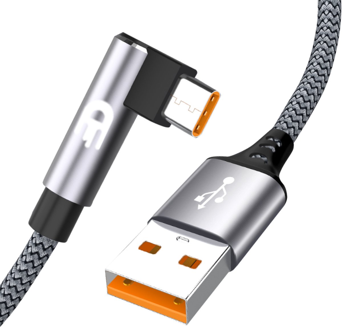 Drivv. USB naar USB C Kabel - Haaks - USB C Data en oplaadkabel - Fast Charge / Snellader - 1 Meter - Grijs