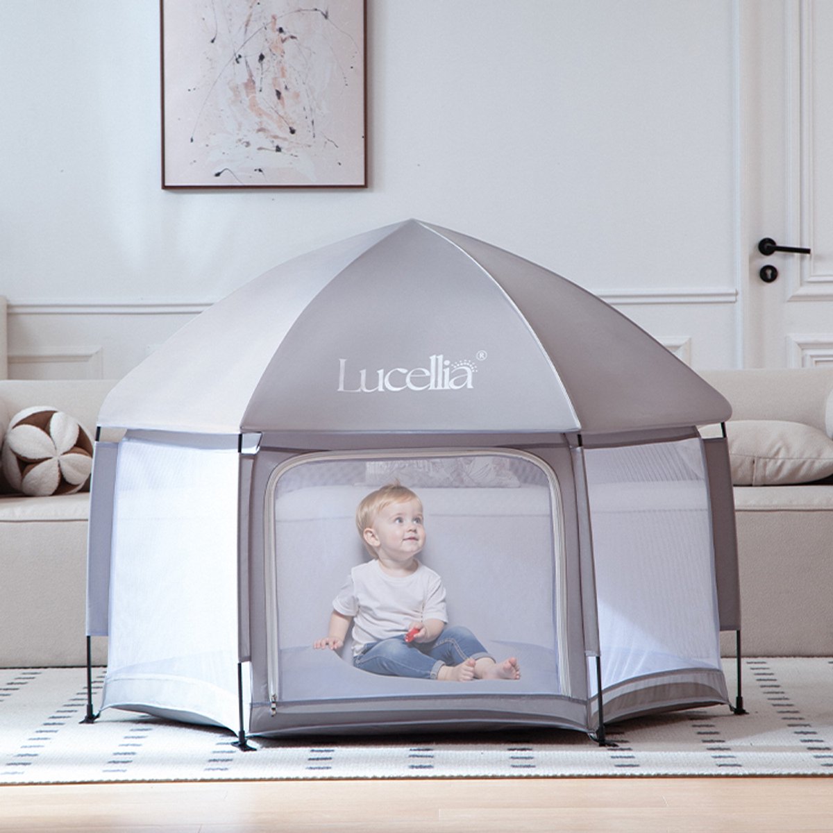Lucellia® Grondbox baby - Pop up - Inklapbare Box – Playpen Baby – Babypark – Kinderbox – Baby Box – Speelbox voor Binnen & Buiten – Met Zonnescherm – Lichtgewicht – 140x140x70 – Ideaal voor Strand & Vakantie