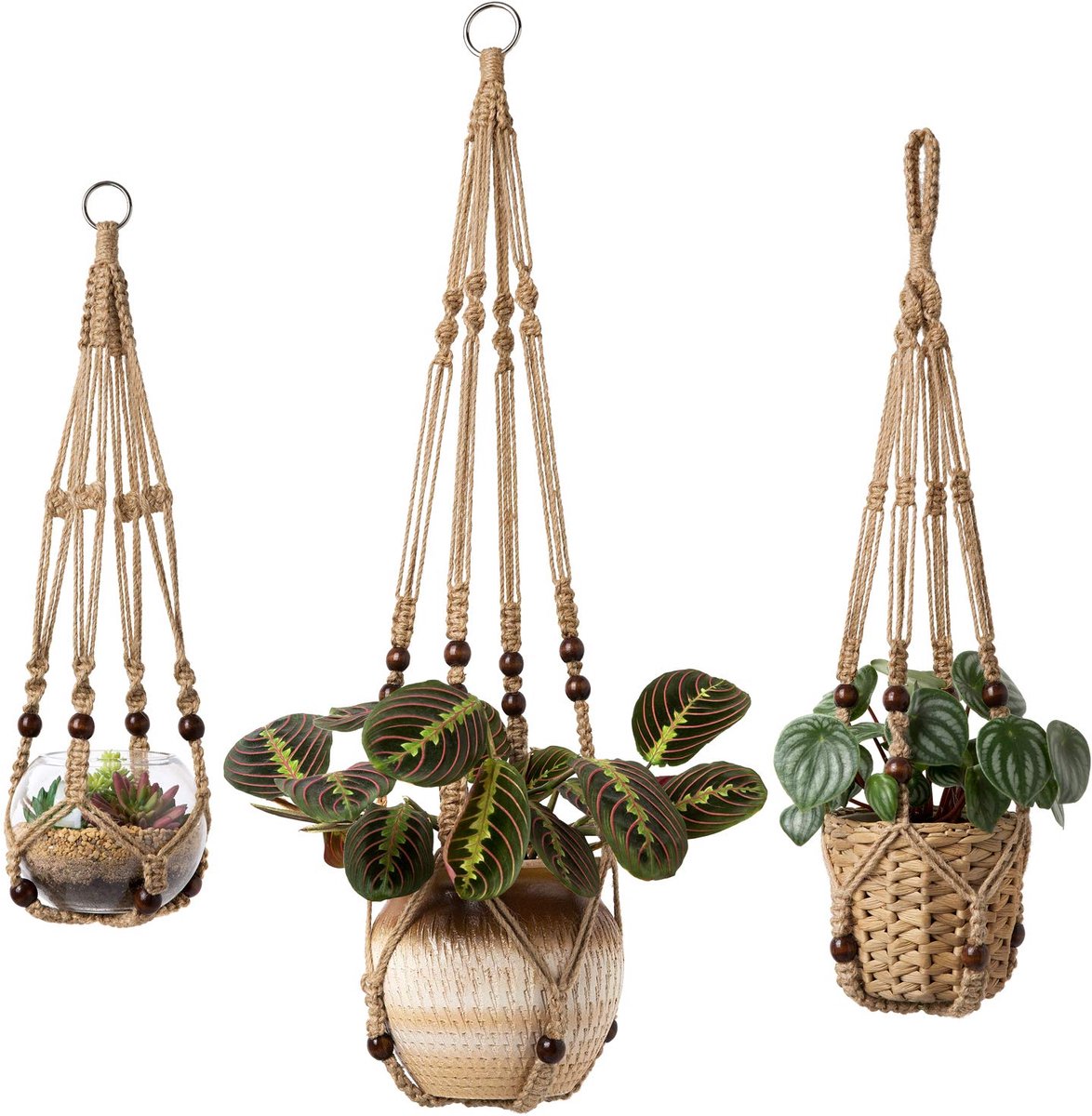 Ibenzoa® Set van Drie Macramé Plantenhangers van Jute met Parels - Perfect voor Binnenplanten