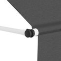 Détail du tissu gris d'un auvent, avec une barre blanche et un bouton noir.