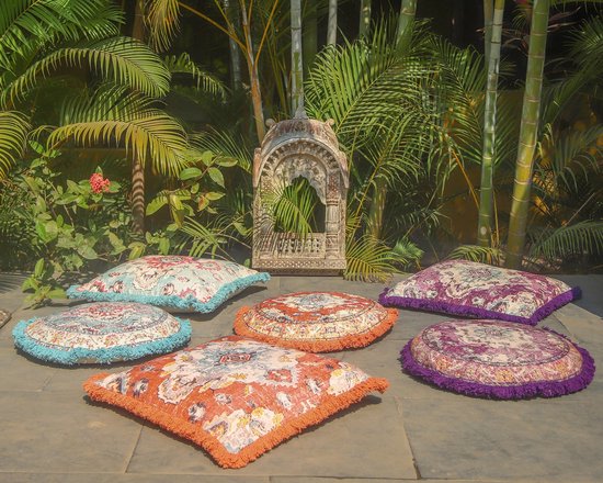 Meditatiekussenhoes - 65 cm met franjes - Vierkant bedrukt Boho Chic vloerkussenhoes van katoen van Merkloos — afbeelding 5