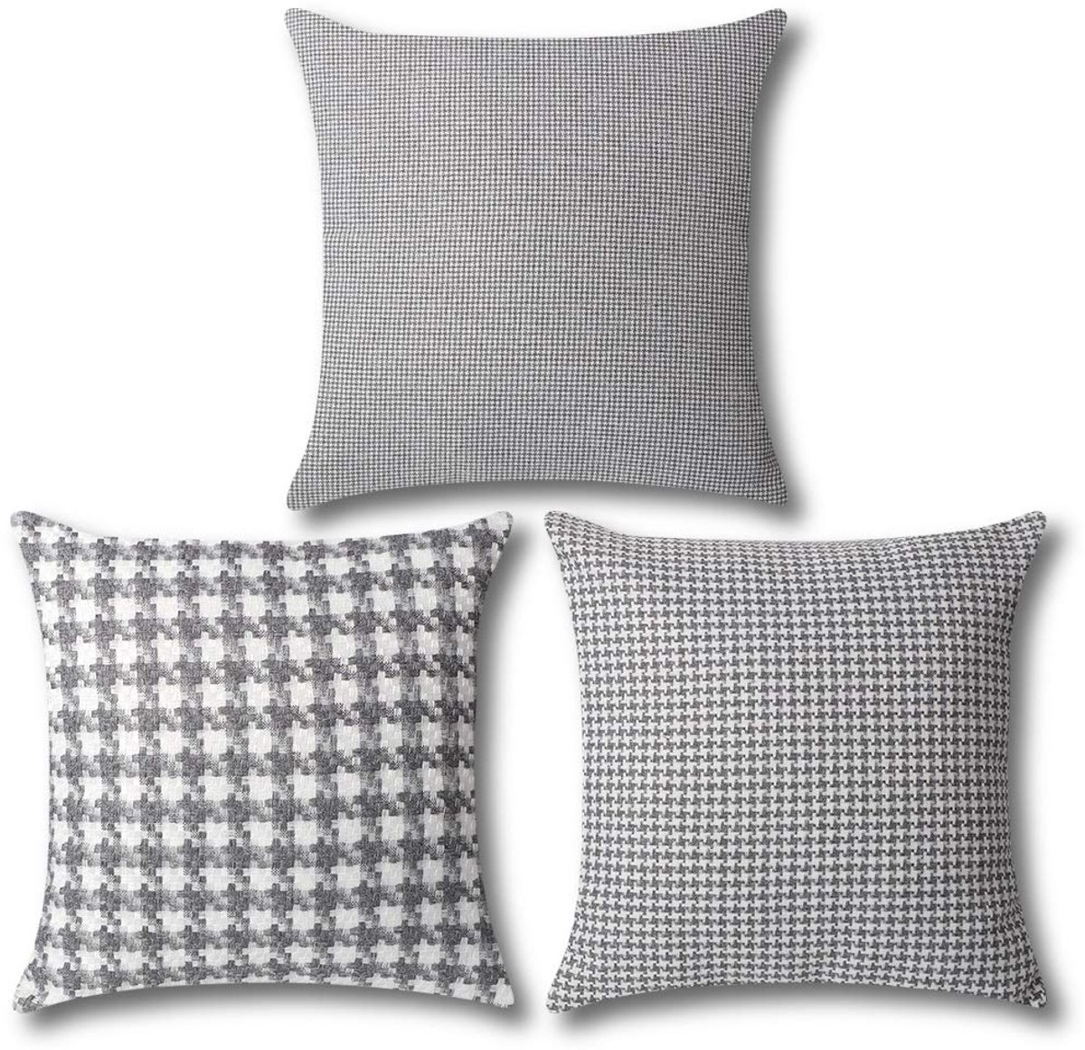 Ibenzoa Set van 3 Kussens met Haantredeerpatroon, Klassiek Grijs-Wit Gazerkussens voor Sofa, Auto, Slaapkamer (45x45cm)