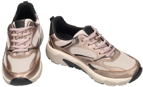 Twee grijze Gabor Rollingsoft sneakers met metallic roze accenten, beige mesh en roze veters.