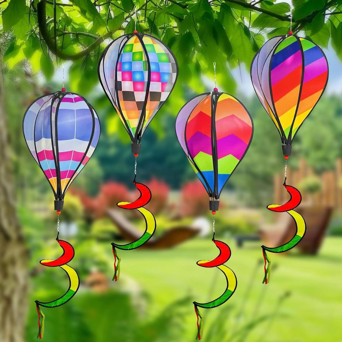 Bande de Vent de Montgolfière Arc-en-Ciel, Brillante, Rotative, Moulin à Vent Coloré, Corde, Moulin à Vent de Jardin, Décoration Extérieure - Style 1