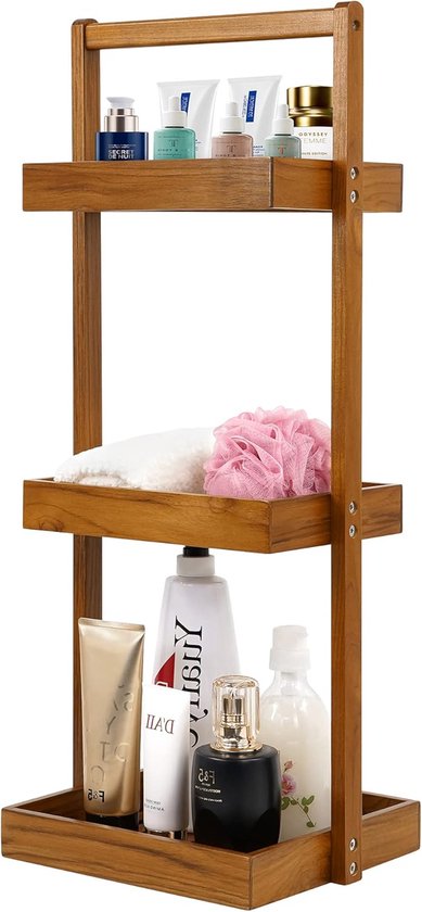 Utoplike Teak Douche Caddy Plank, Staande Douche Organizer voor Badkamer Hoek, Houten Vrijstaande Rekken Opslag voor Binnendouche, Bad, Kantoor, Stand Up 3 Tier Keuken Desktop Organisatie