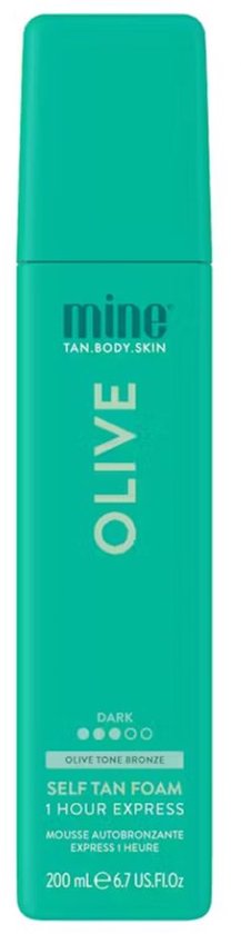 Mine tan zelfbruinende schuimfles in donkergroen met tekst 'Mine Olive Self Tan Foam 1 Hour Express 200ml'.