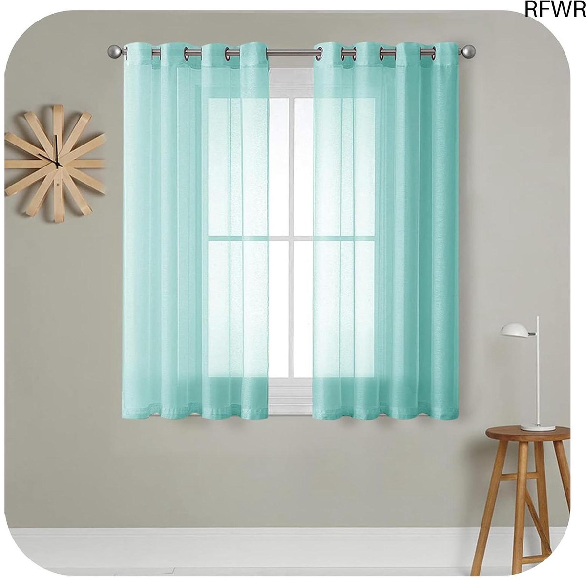 RFWR Transparant Voilegordijn 140x137 cm - Turquoise - Linnenlook met Zeilringen voor Slaapkamer en Woonkamer