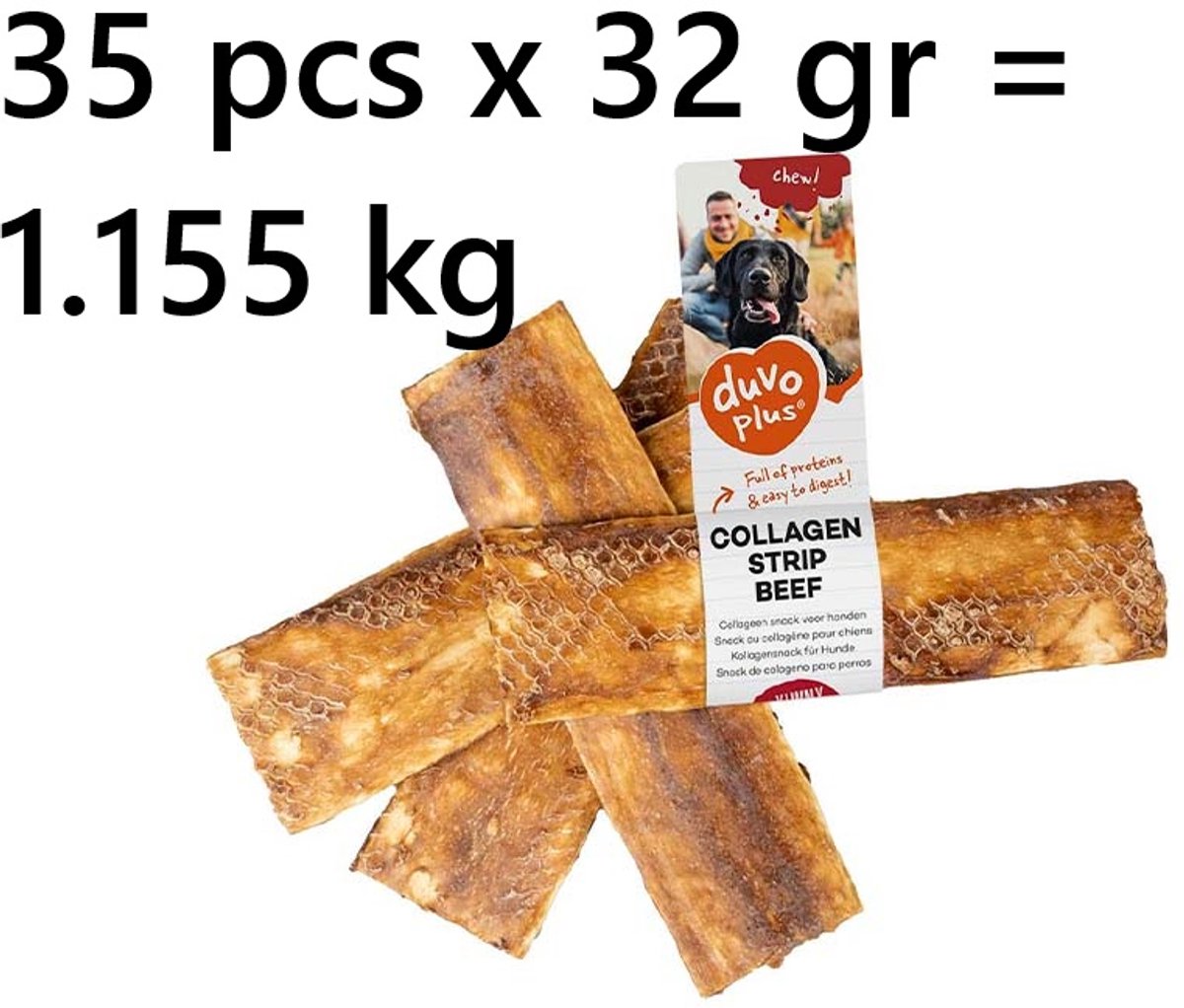 Duvoplus - chew!! - collageen strip beef - L 15 cm x circa 5 cm - 32gr/st - 35 STUKS = 1.155 gr - tandverzorgend , lekker en gezond