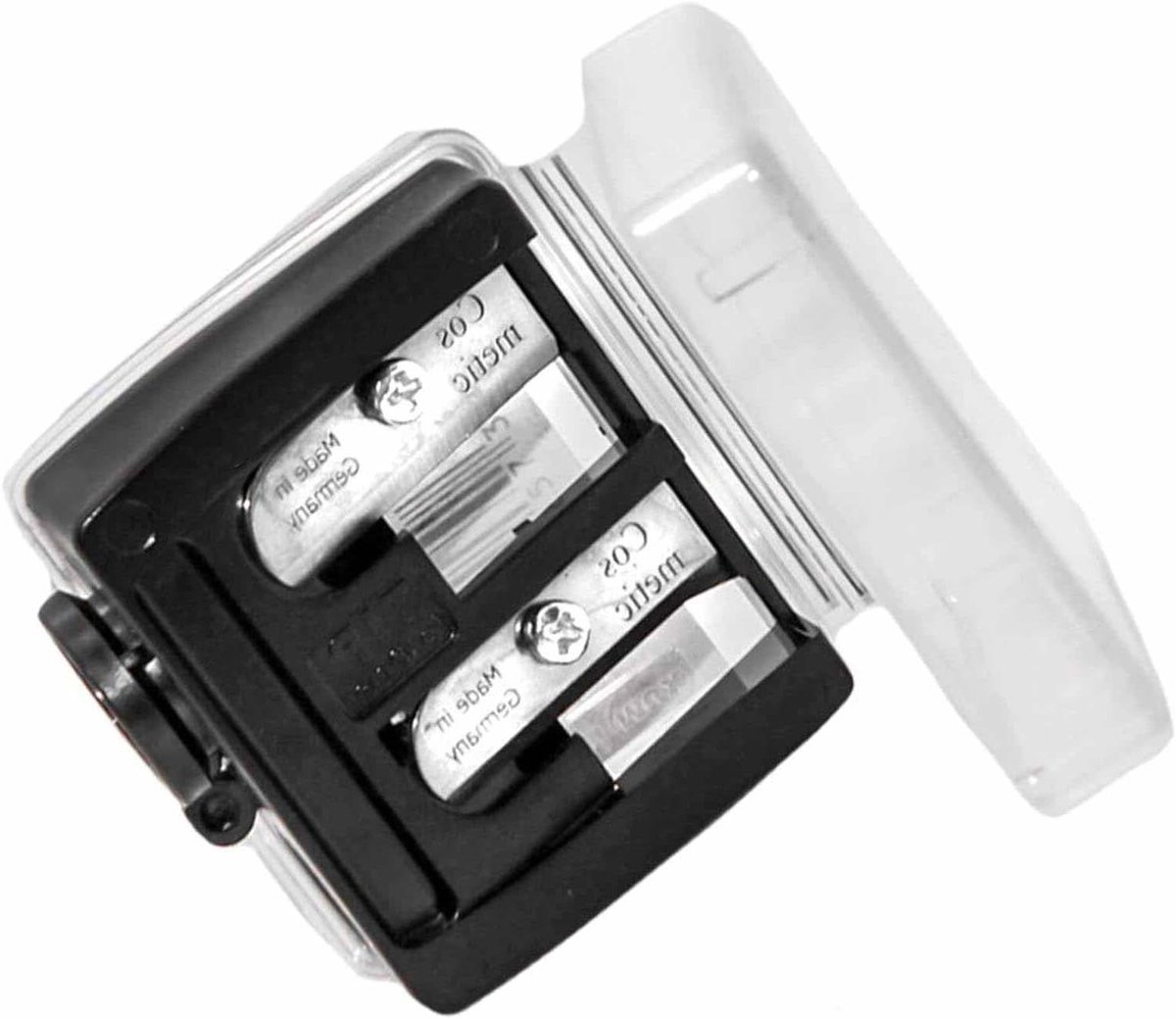 Allecto Plus - 3-in-1 cosmetica potloodslijper met deksel en roestvrij stalen lemmet - Ideaal voor lippen, eyeliner en wenkbrauwpotloden - Maatversteller voor verschillende maten
