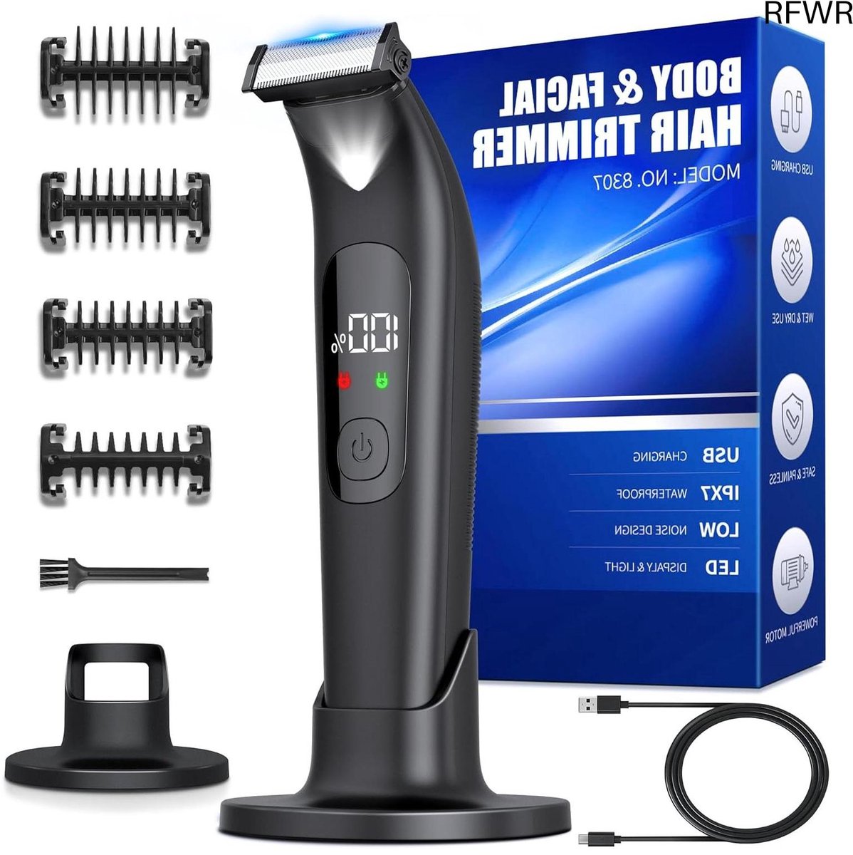 RFWR® Elektrisch scheerapparaat voor mannen, 100% waterdicht, bodyshaver met LED-verlichting en intieme zone trimmer
