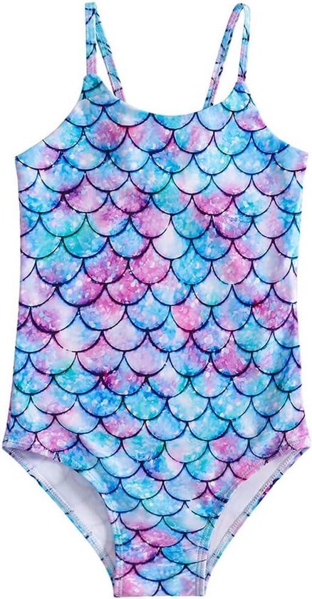 Allecto Plus - Meisjesbadpak met zeemeerminnenschubbenpatroon en sterrenstelsel design - Groen-roze - Maat 130 - Dragerstijl - Zwemkleding voor kinderen
