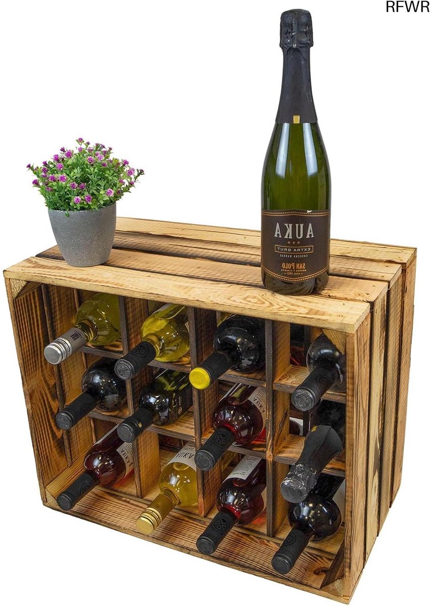 RFWR® Houten Flessenrek 12 Flessen Stapelbaar - Vintage Look 50x40x30 cm