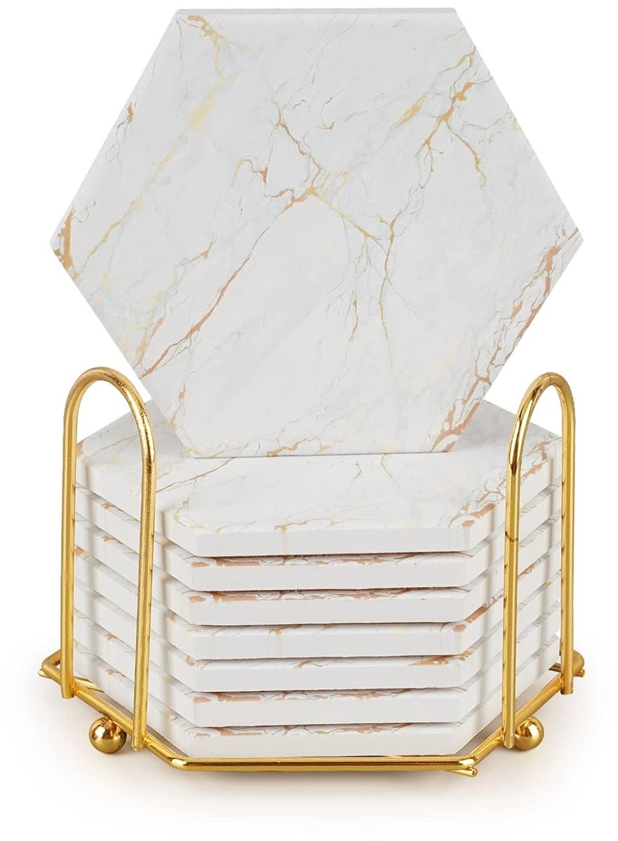 Marmeren onderzetters set - absorberend - 8 stuks - wit/goud - keramisch