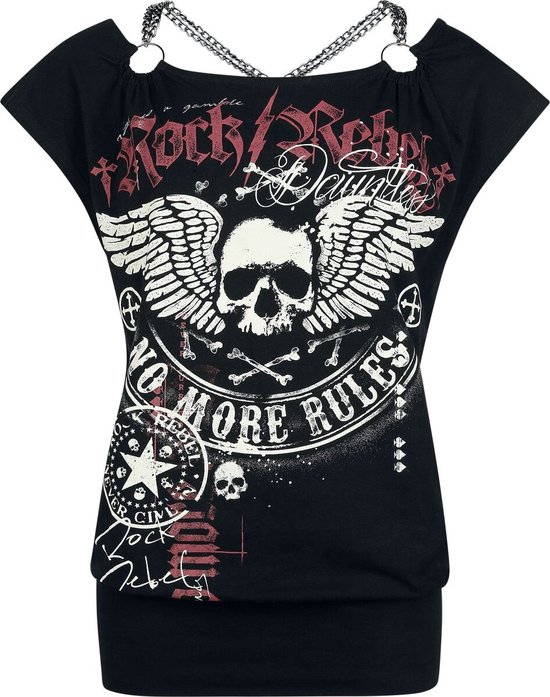 Zwart T-shirt met wijde halslijn, gedrapeerd voorpand, zilverkleurige kettingdetails en 'Rock Rebel' print met vleugels en doodshoofd.