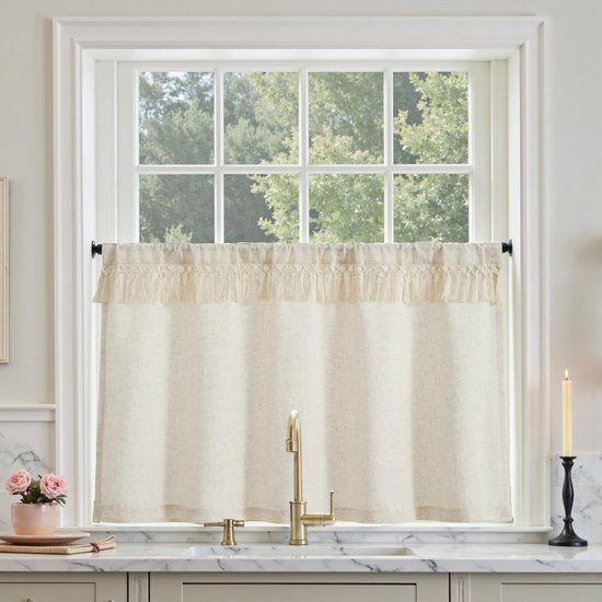 Yaland Jacquard Vitrage met rankenpatroon, keukengordijn met gatenlijst landhuisstijl, korte vitrage, 1 stuk, wit, 200 x 90 cm (b x h