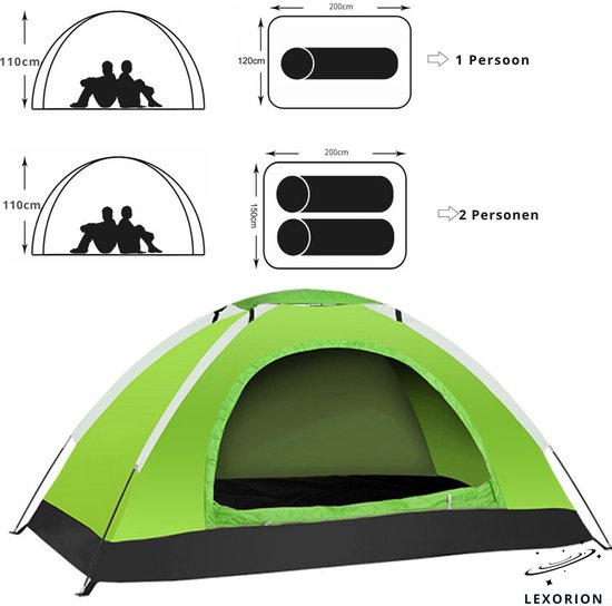 Tente Lexorion 1-2 personnes – Tente de Festival – Tente de camping – Tente manuelle pour 2 personnes – Légère – Hydrofuge – Festival, plage et Plein air – Oxford 210D – Sac de transport et moustiquaire inclus – Couleur de tente aléatoire