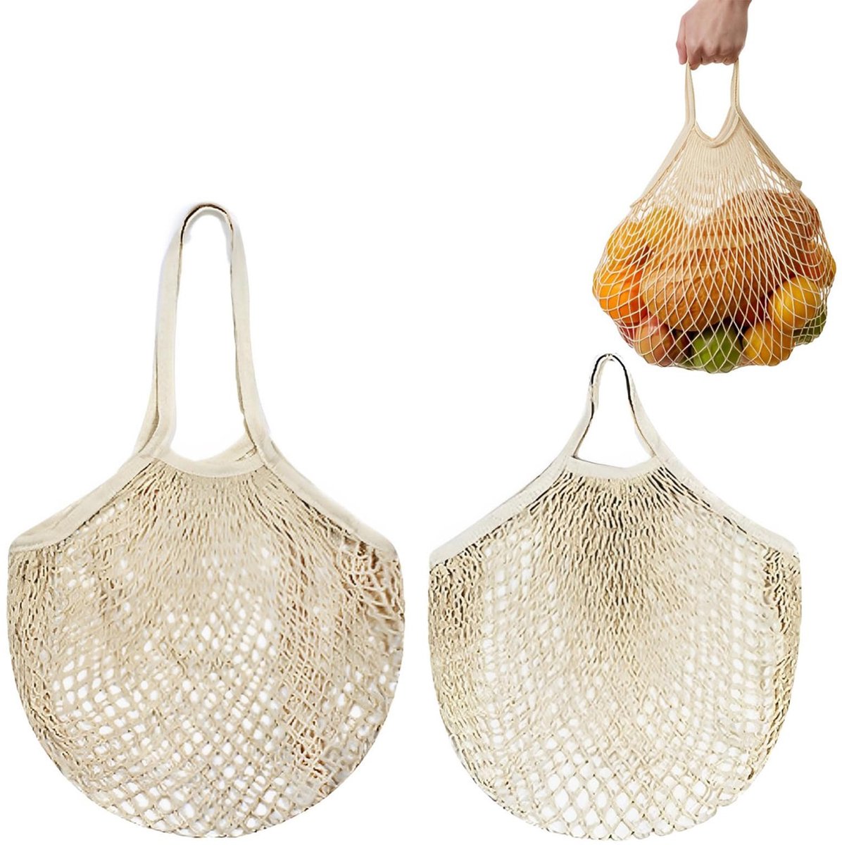 Ibenzoa® Natuurlijke Herbruikbare Nettassen voor Boodschappen en Strand, Set van 2 Stuks, Beige
