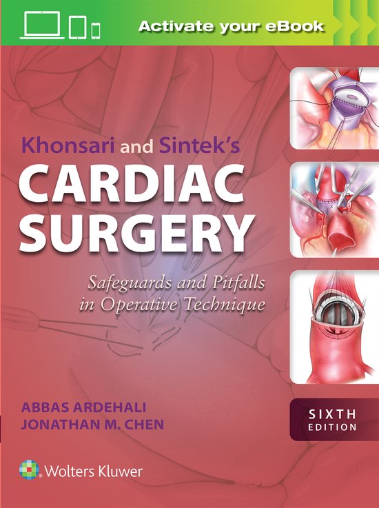 Boekomslag van 'Khonsari and Sintek's Cardiac Surgery', met illustraties van chirurgische ingrepen en de tekst 'Activate your eBook', 'Safeguards and Pitfalls in Operative Technique', 'SIXTH EDITION'.