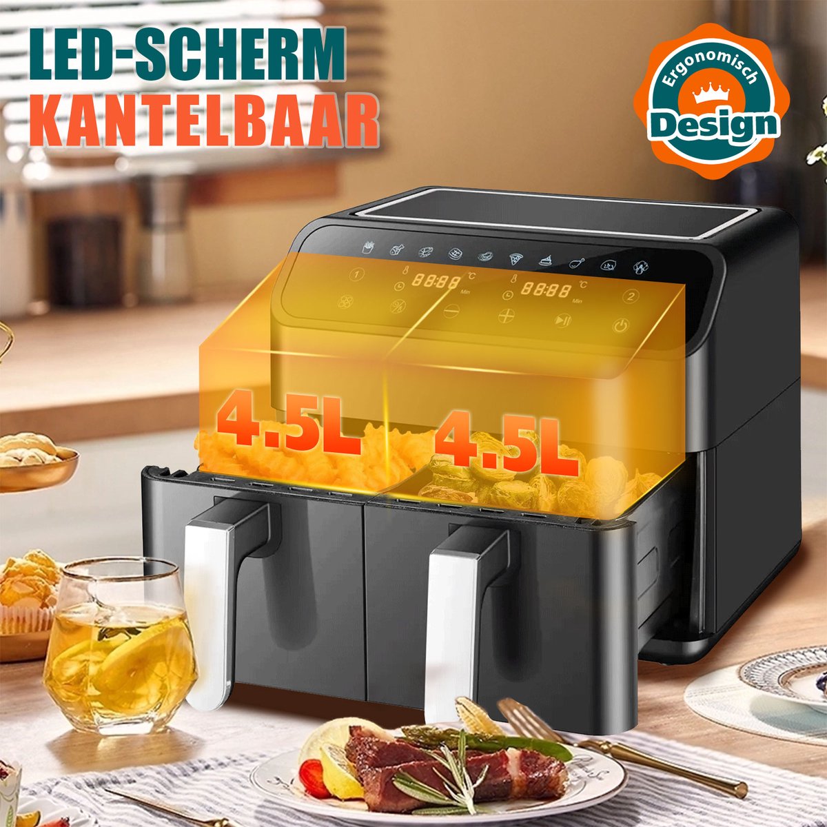 Afbeelding 2 van Digitale Airfryer XXL 9L Sinaopus 901 – Heteluchtfriteuse met Dubbele Mand en DualMand Onafhankelijke Snelle Opwarming – Voor Gezinnen – 10 Programma’s – Kijkvenster – Makkelijk te Reinigen – Capaciteit voor 5 Personen