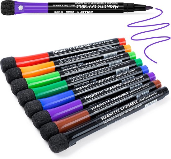 8 Magnetische Whiteboardstiften Met Gum – Fijne Punt, Uitwisbaar, Kleurrijk – Ideaal Voor School, Thuis & Kantoor