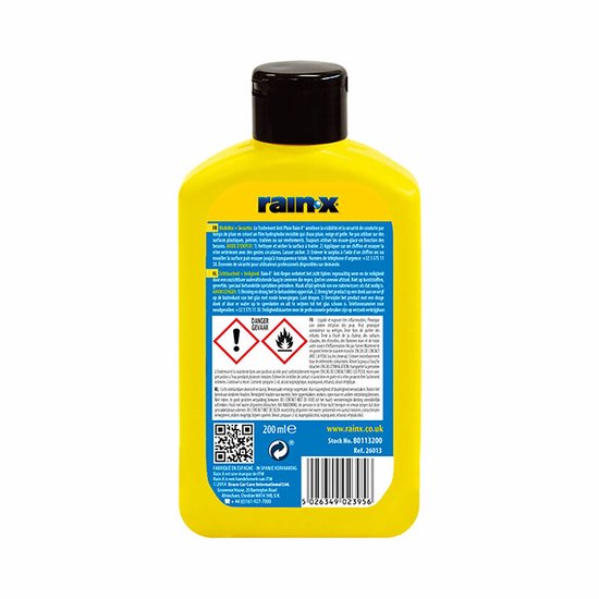 Achterkant gele fles Rain-X met productinformatie en barcodes, 200 ml.