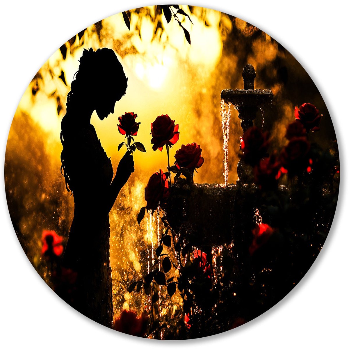 Vrouw in rozentuin bij zonsondergang - Silhouet muurcirkels - Wandpaneel rozen - Fontein -