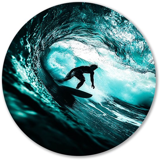 Surfeur dans une grande vague bleue - Tableau de surf rond - Objet mural rond surfeur - Silhouette - Décoration murale ronde en Forex - Œuvre d'art - Cercle mural forex 50x50 cm