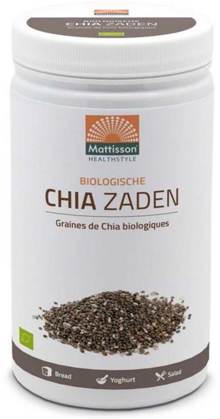 Mattisson Biologische Chia Zaden: een pot met het logo, tekst en een hoopje chiazaadjes. Iconen voor brood, yoghurt en salade.
