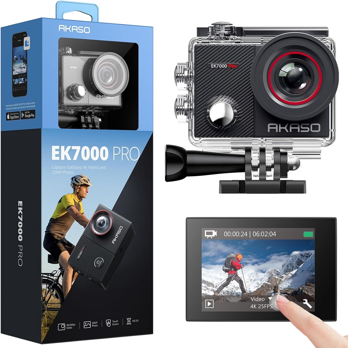 AKASO EK7000 Pro Action Camera 4K – Waterdicht 40m – WiFi – Touchscreen – Afstandsbediening – Onderwatercamera met Accessoireset