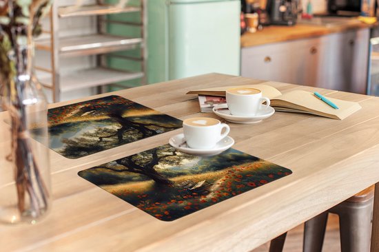 Placemats - 6 stuks - 45x30 cm - Placemat kunststof - Bankje - Boom - Klaprozen - Heuvels - Borden onderleggers - Decoratie voor op tafel - Keuken tafeldecoratie accessoires - Vinyl onderlegger - Tafelversiering
