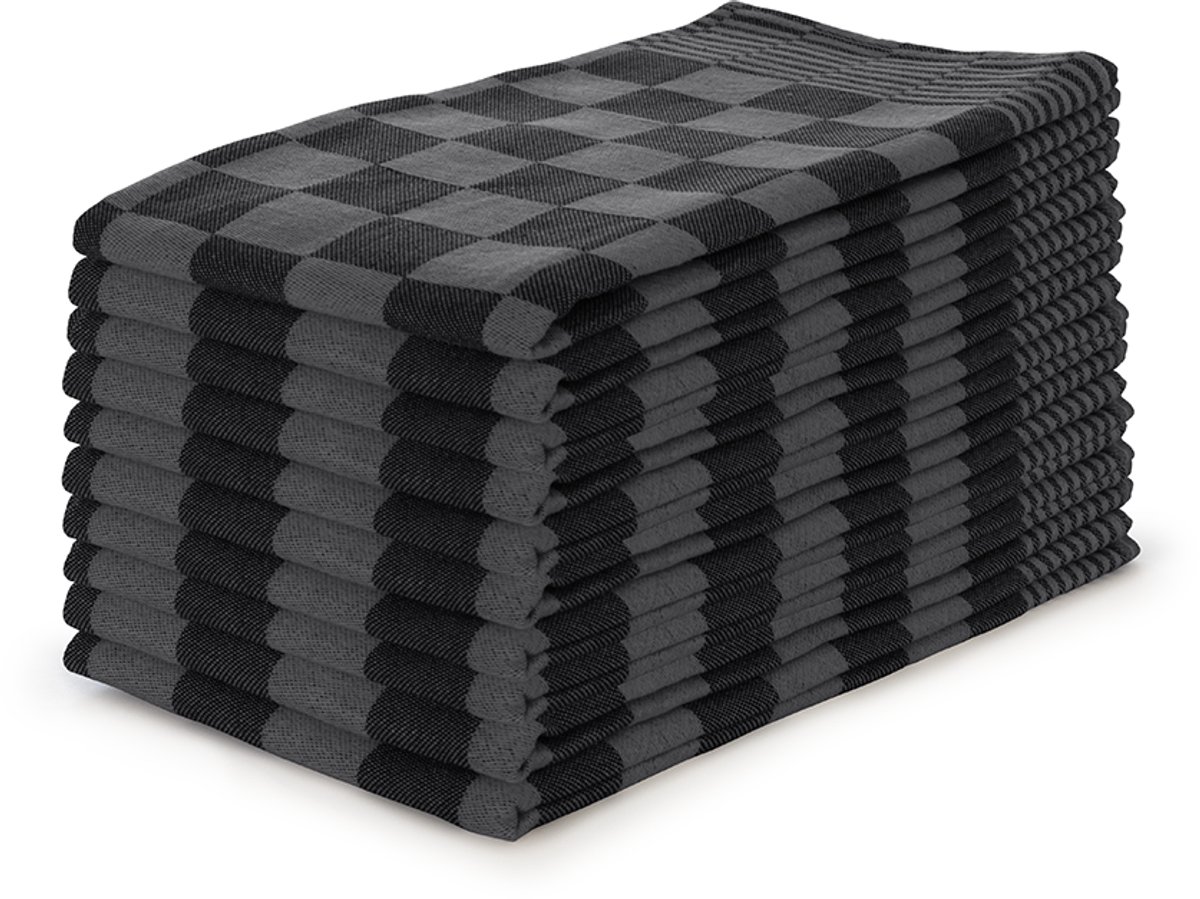 LINNICK Theedoeken set Blok Zwart - 65x65 - Set van 10 - Geblokt - Blokdoeken - 100% katoen - Horeca Theedoeken