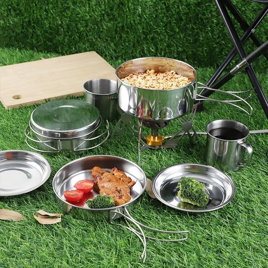 Roestvrij stalen draagbare camping potten en pannen set outdoor camping wandelen potten en pannen kamp draagbare opvouwbare bestek — afbeelding 4