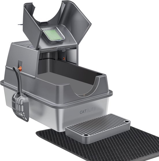 CatElite® - Kattenbak RVS met Klep - XXL - Incl. Geurneutralisator - Incl. Kattenbakschep, Grit Opvanger & Uitloopmat - Voor Grote & Kleine Katten - 35L Inhoud - Donker Grijs