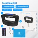Totaalpakket met zwarte kofferweegschaal, batterijen en verpakking. Max: 50kg.